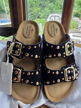 💯Greystone Black Studded Double-Buckle Sandals NWT Size 6.5